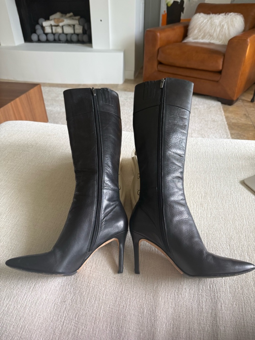 Via Spiga Black Leather Pointed-Toe Stiletto Mid-Calf Boots